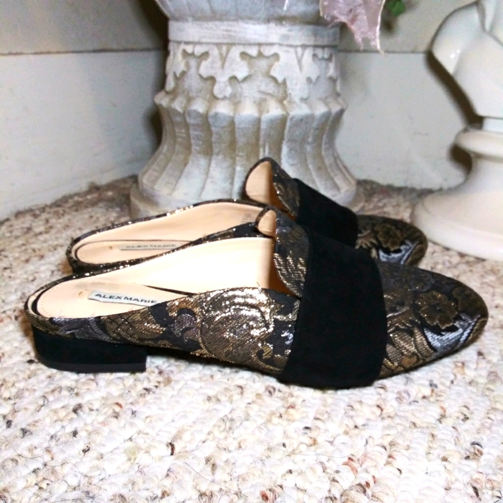 Like New Alex Marie Cecilia Black Suede & Metallic Floral Brocade Mules - Picture 7 of 7